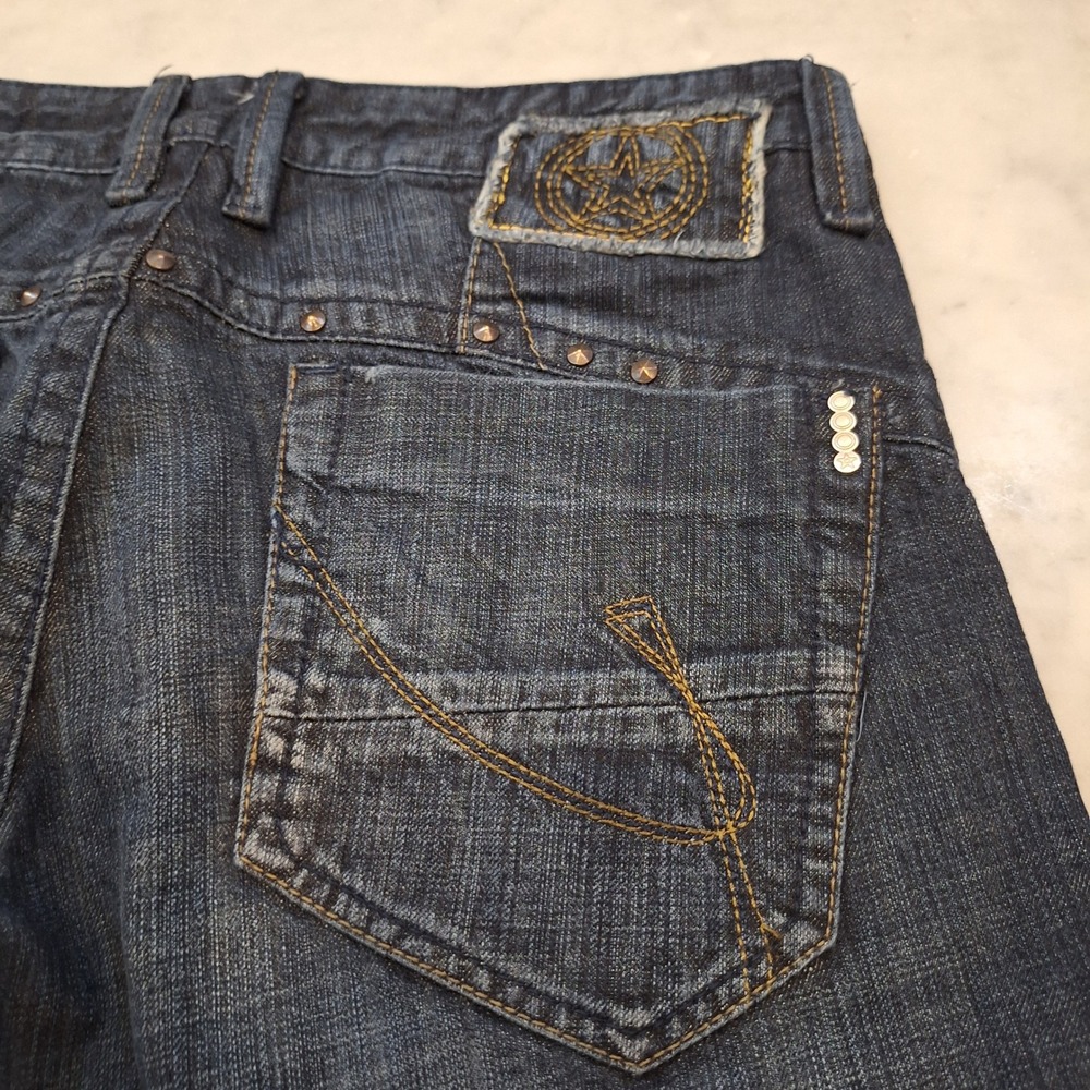 Bauhaus Jeans Mens 33 Dark Wash Studded Star Patch Straight Leg Denim Y2K Rocker
